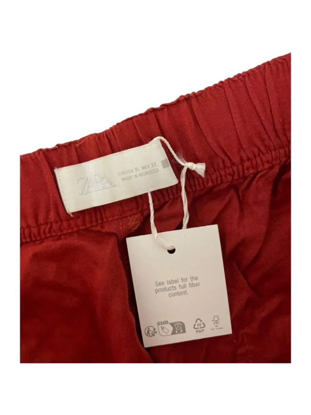 Zara Womens Linen Beaded Drawstring Ankle Pants linen XL Brick Red 8668/383 NWT